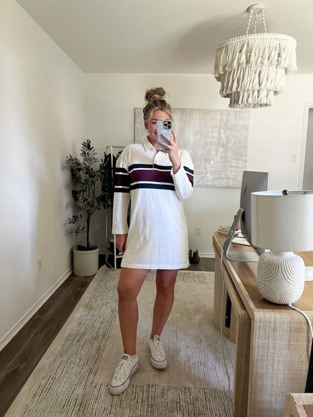 Abercrombie White Rugby/Polo Shirt Dress with Navy & Burgundy Stripes